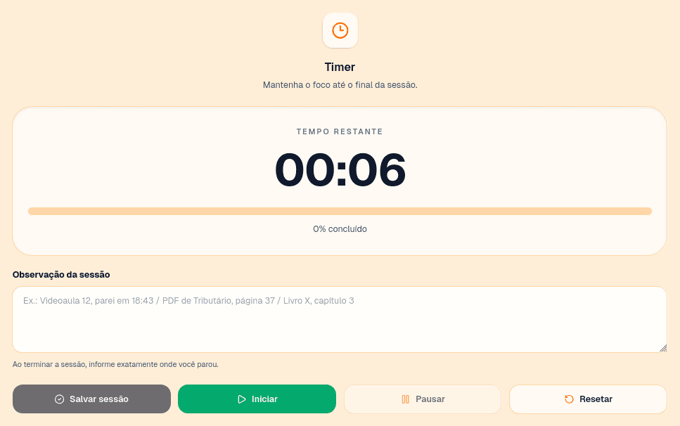 Sessão de estudo com timer